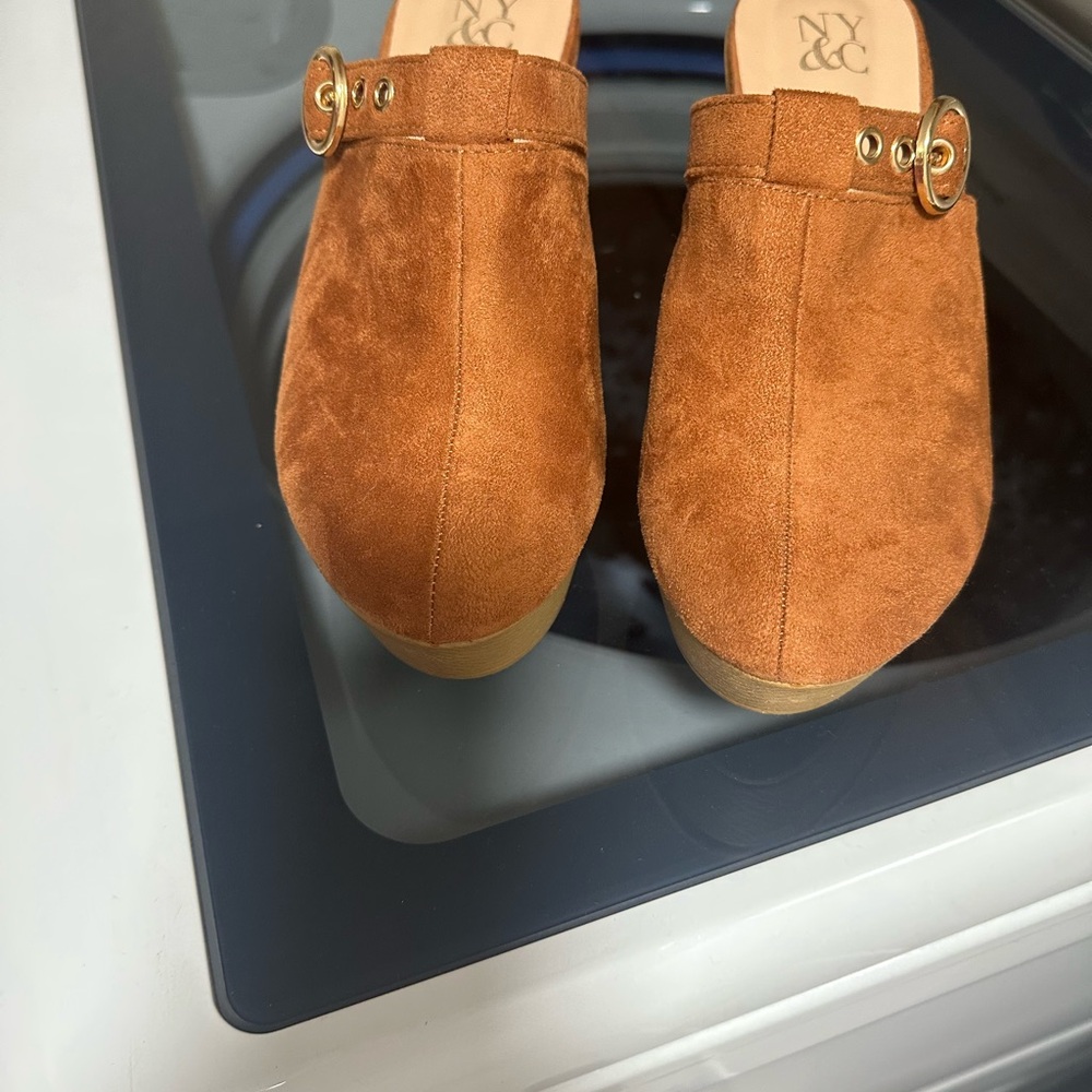 New York & Company Women's Brown Suede Mules with Gold Buckle
